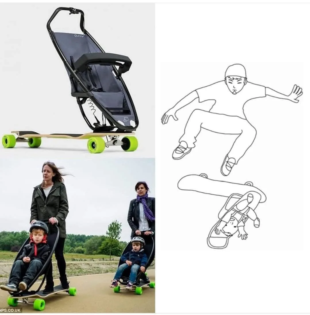 The image is a split-screen meme. On the left, a modern skateboard stroller is shown in a product shot, then in use with a…