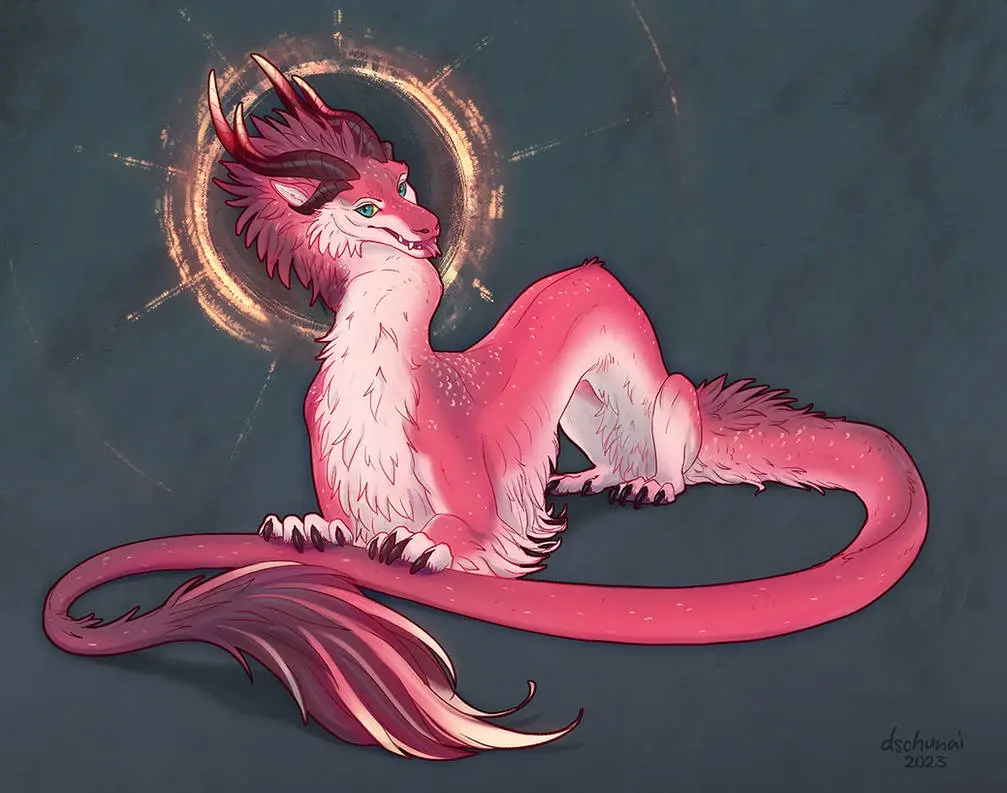 A pink, fluffy dragon with horns and a long tail is depicted lounging, with a glowing golden halo behind its head. The…