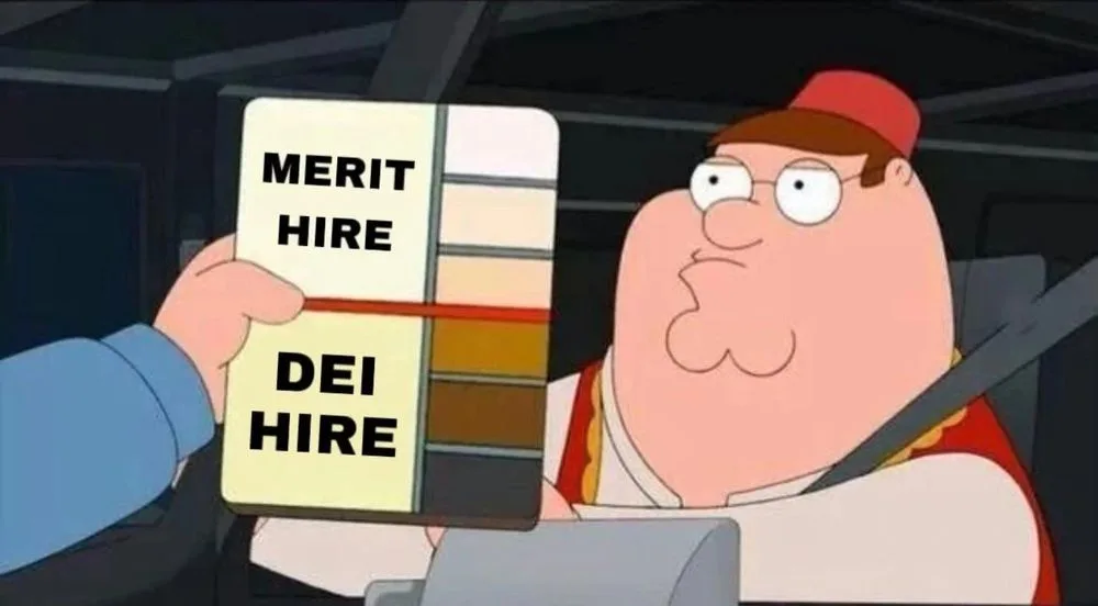 Peter Griffin from Family Guy sits in a car looking confused as a hand holds up a color swatch with 'MERIT HIRE' on the…