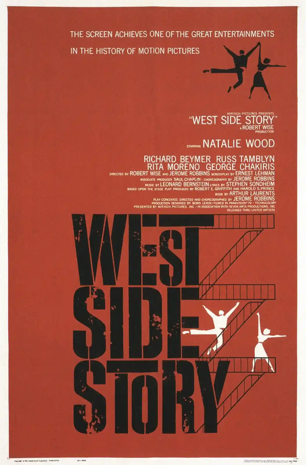 This is a vintage movie poster for the 1961 film 'West Side Story,' featuring a bold red background with large black…