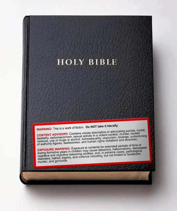 A black leather-bound book labeled 'HOLY BIBLE' has a large red warning sticker on its front. The sticker contains three…