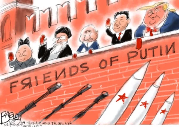 A cartoon depicts caricatures of world leaders—Kim Jong-un, Rishi Sunak, Xi Jinping, Vladimir Putin, and Donald…