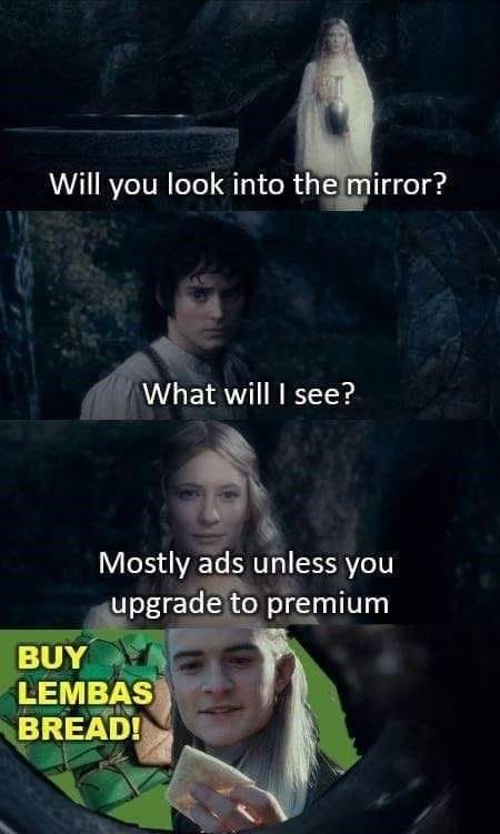 A four-panel meme using scenes from 'The Lord of the Rings' where a character asks to look into a mirror, another asks what…