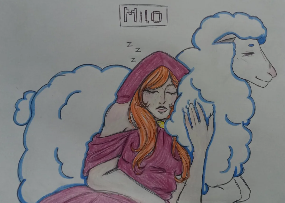 A hand-drawn illustration shows a person with orange hair and a pink hooded outfit sleeping peacefully with closed eyes and…