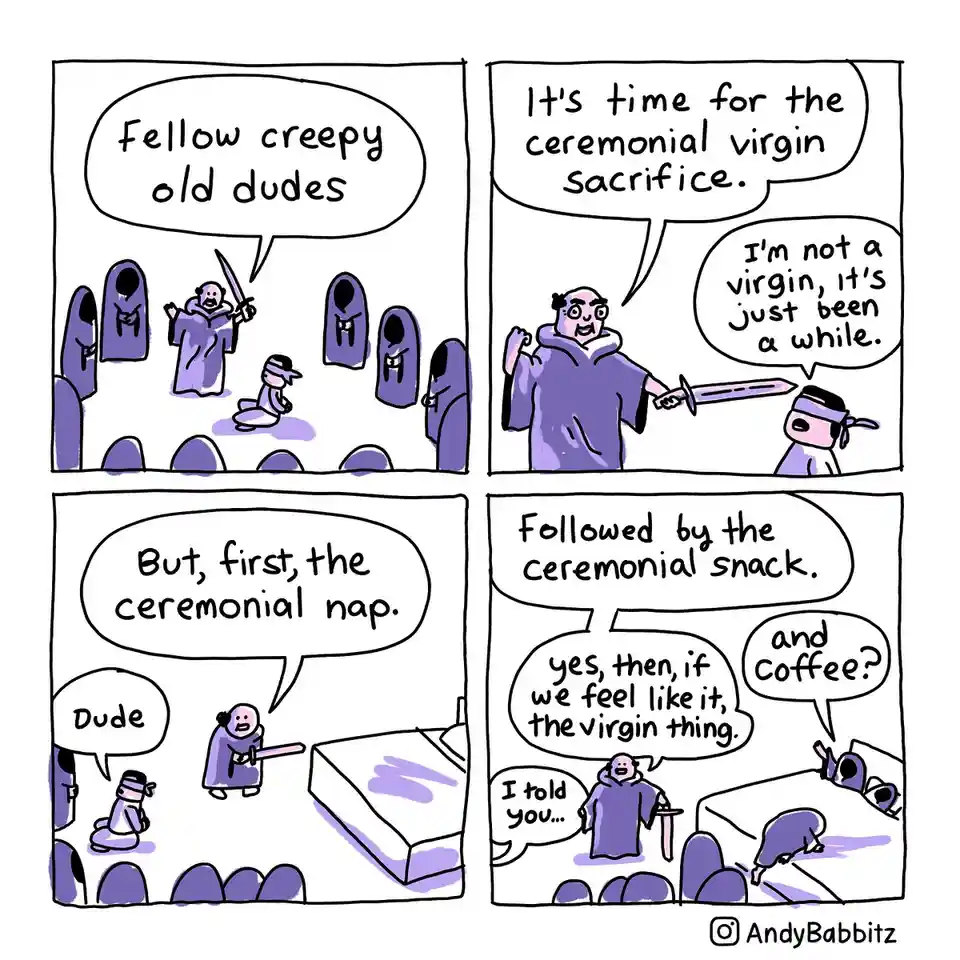 A four-panel comic strip shows a group of purple-robed, bald, elderly men in a ritualistic setting. One man holds a sword…