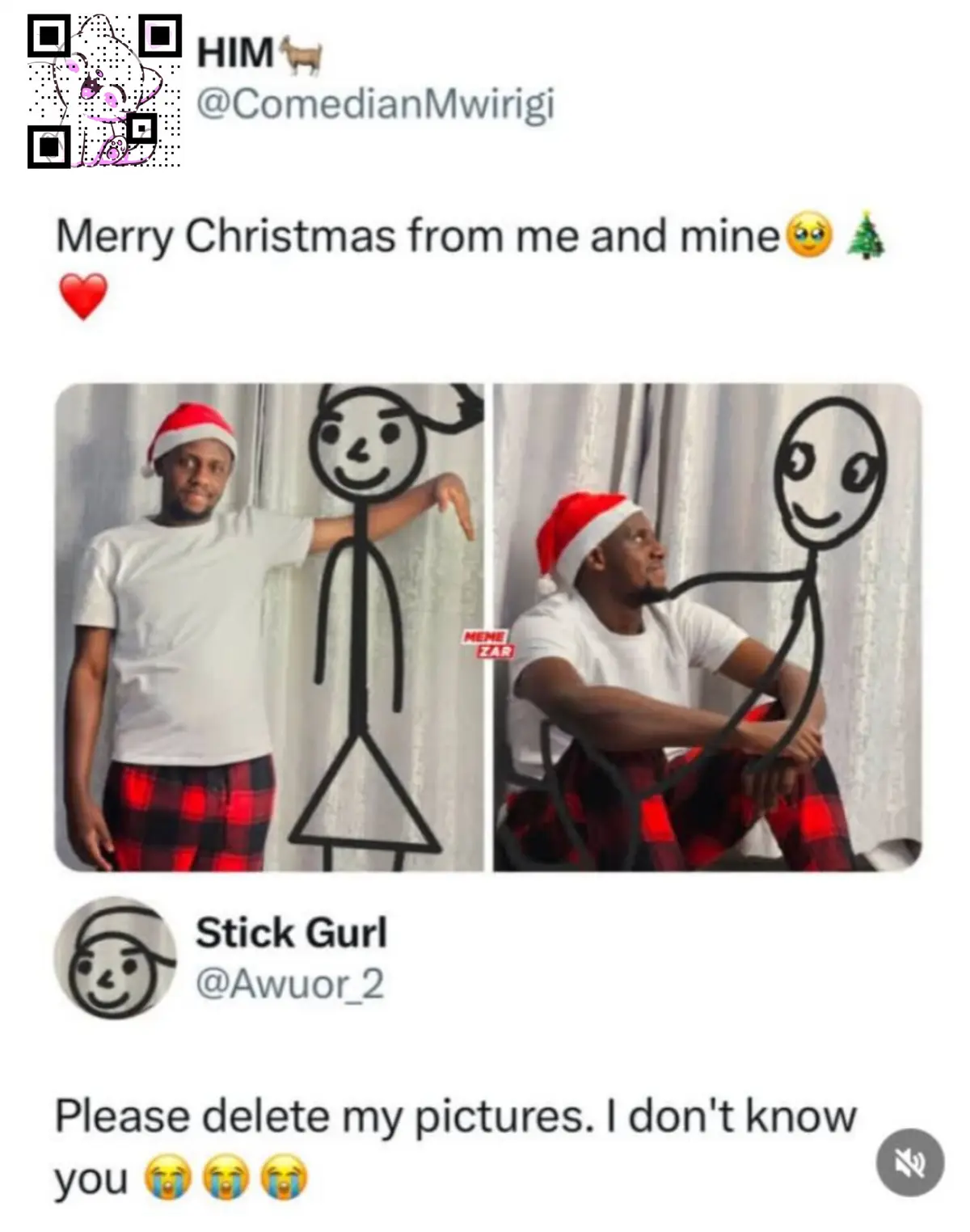 A man in a Santa hat and plaid pajamas poses beside a stick figure drawn on a curtain in two photos. In the first, he stands…