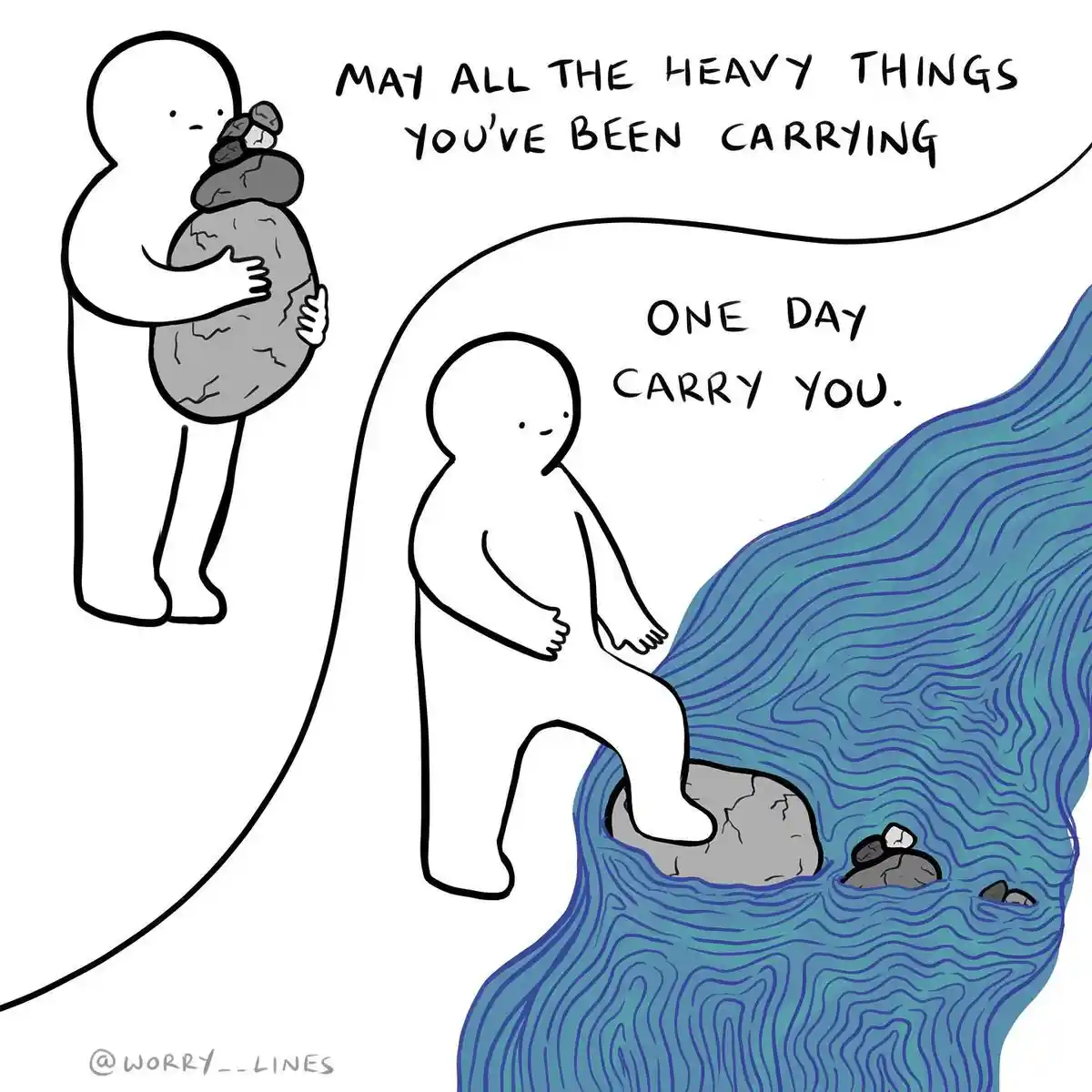 A minimalist cartoon shows a person holding a large, heavy rock with smaller stones on top, while another person steps into…