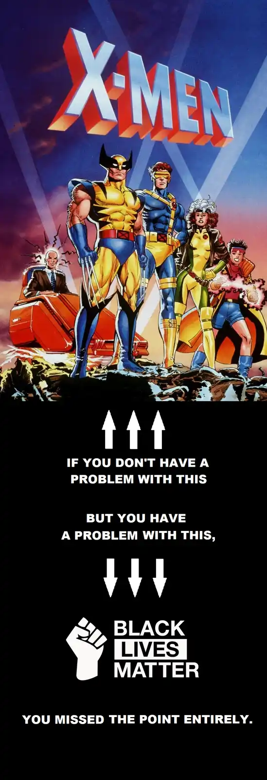 The image features a classic X-Men comic book cover with Wolverine, Cyclops, Jean Grey, and Rogue standing heroically…
