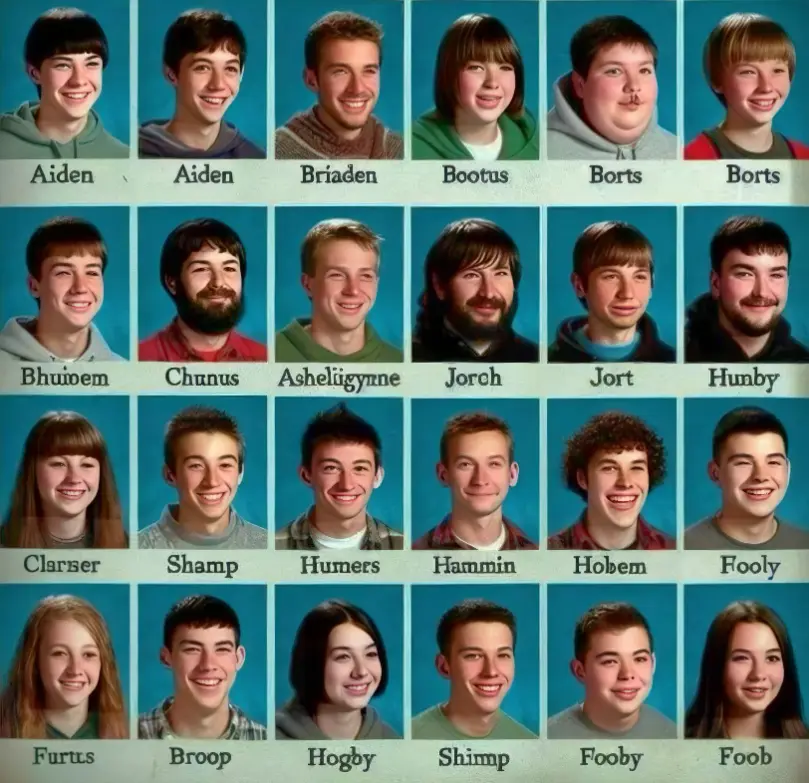 A digitally altered yearbook-style grid of 20 young people against a blue background, each with a name tag below them. Many…