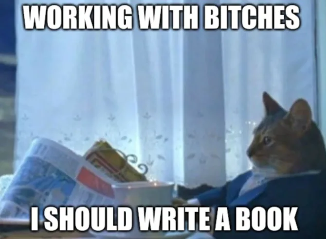 A cat wearing a blue suit sits calmly beside an open newspaper, looking off to the side with a smug expression. The text…
