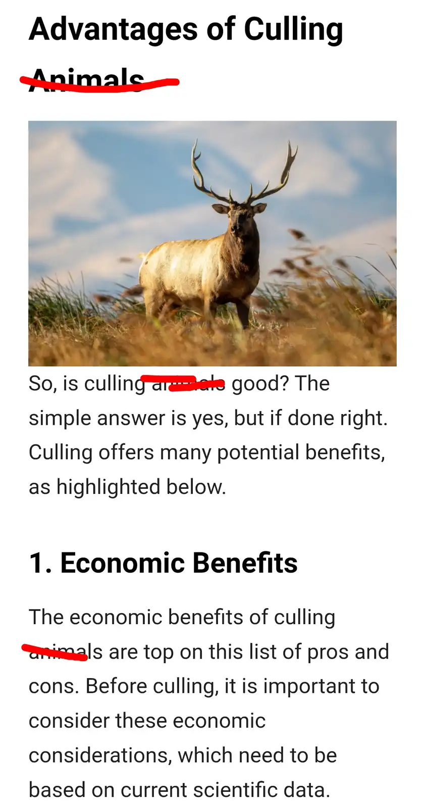 The image shows a large elk standing in a grassy field under a partly cloudy sky. The overlaid text, which appears to be…