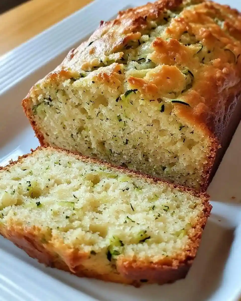 A close-up photo of a freshly baked loaf of zucchini bread on a white plate, with one slice cut and resting in front. The…
