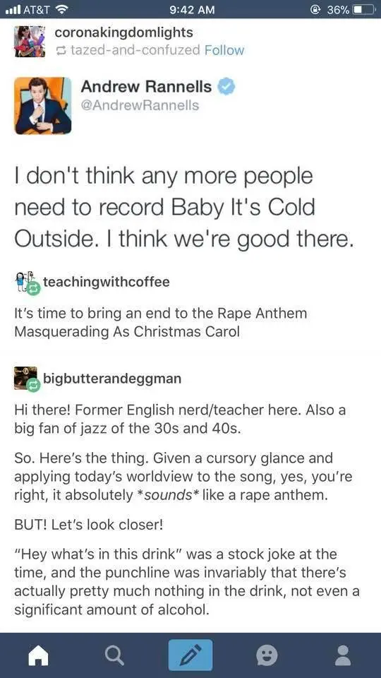 A screenshot of a Twitter thread where Andrew Rannells states the song 'Baby It's Cold Outside' doesn't need more…