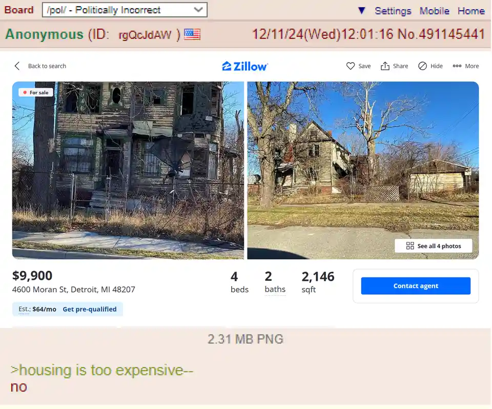 A screenshot of a Zillow real estate listing for a severely dilapidated, boarded-up house in Detroit, MI, priced at $9,900…