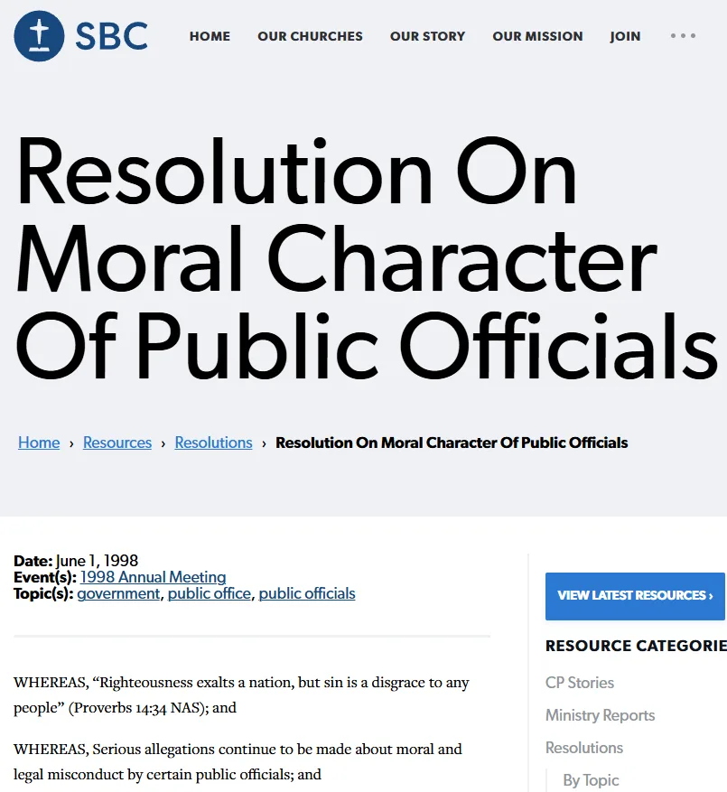 A screenshot of a webpage from the Southern Baptist Convention (SBC) showing a 1998 resolution titled 'Resolution On Moral…