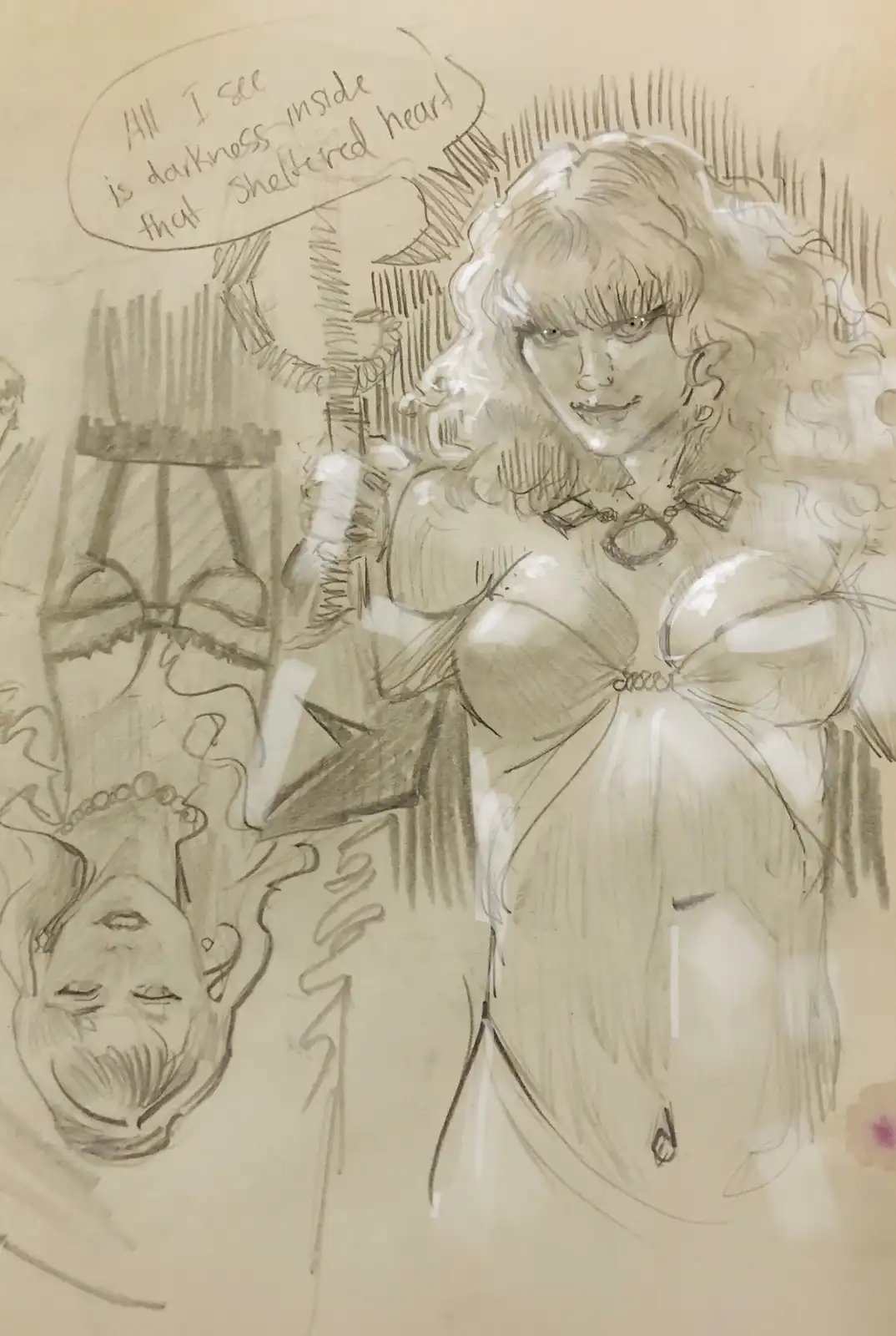 A pencil sketch depicts a woman with long curly hair and a stern expression, wearing a revealing outfit with bows. A speech…