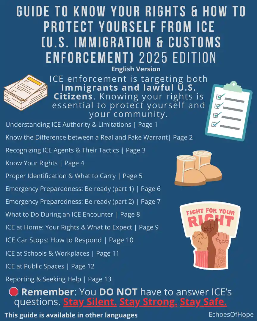 An infographic titled 'Guide to Know Your Rights & How to Protect Yourself from ICE (U.S. Immigration & Customs Enforcement)…