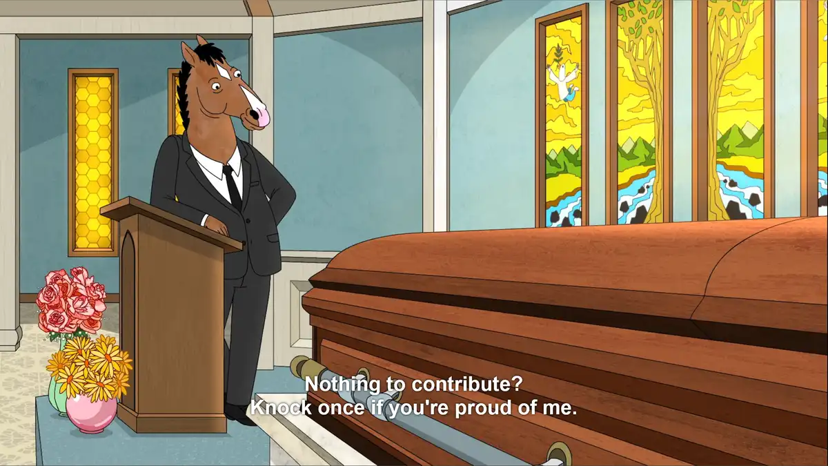 A cartoon horse in a suit stands at a podium in a funeral parlor next to a wooden coffin. Stained glass windows and floral…