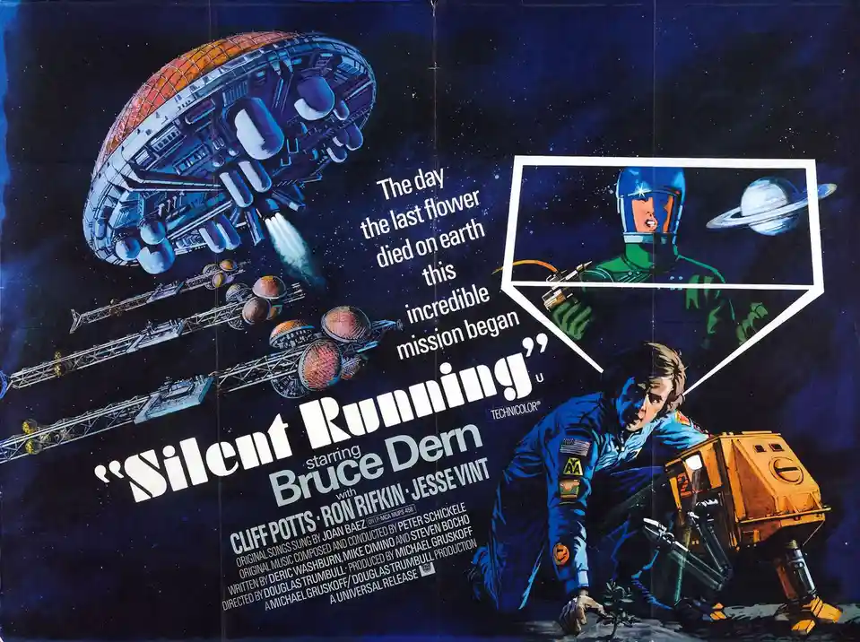 This is a vintage movie poster for 'Silent Running,' featuring a large spaceship and smaller pods against a starry sky. A…