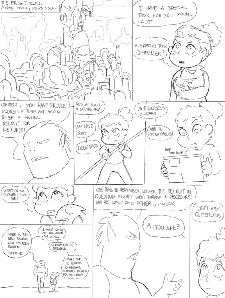 A black-and-white comic strip titled 'THE FRIGHT ZONE' depicts a young cadet being assigned a special task by a commander…