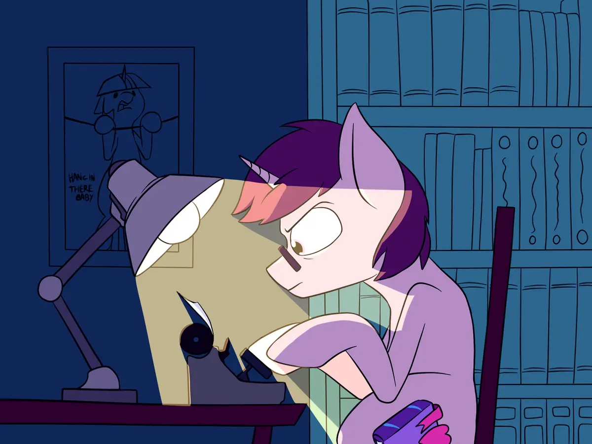 A purple-haired pony with a horn sits at a desk under a lamp, intensely typing on a vintage typewriter. Behind her, a framed…