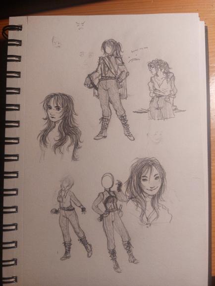 A sketchbook page shows multiple pencil drawings of a female character in various poses and outfits, including full-body…