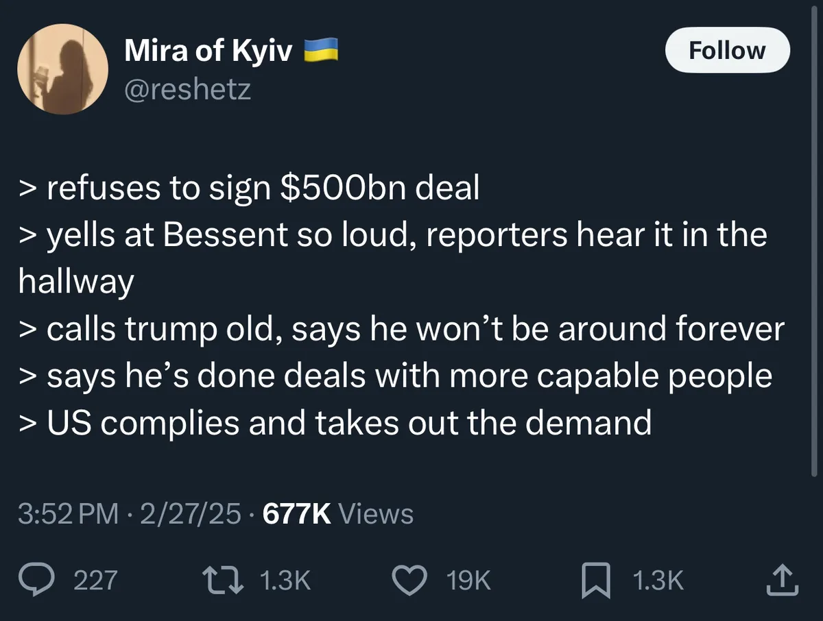 A screenshot of a Twitter post by 'Mira of Kyiv' with a dark background and white text listing five bullet points describing…