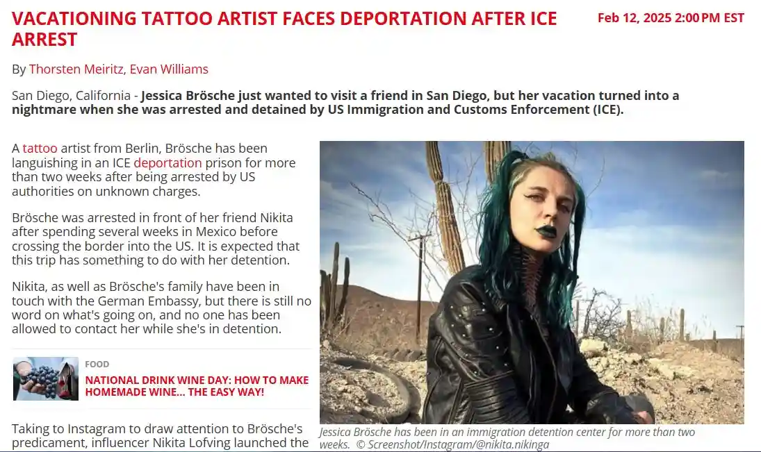 A news article screenshot shows a photo of Jessica Brösche, a tattoo artist with green hair and dark lipstick, sitting in a…