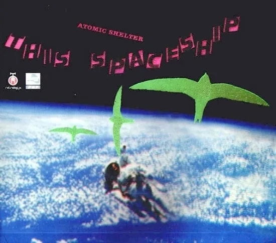 An album cover for 'Atomic Shelter' by 'This Spacehond' shows a person riding a motorcycle over Earth's curved horizon, with…