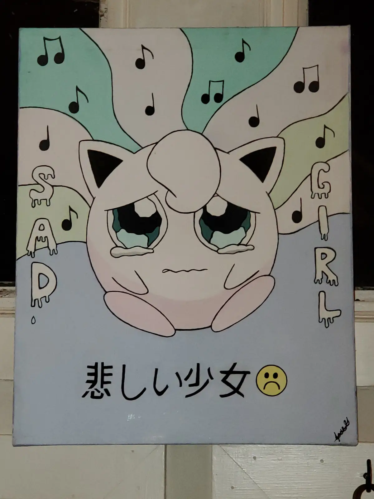 A hand-painted canvas depicts a sad, crying anime-style Jigglypuff with teary eyes and a downturned mouth, surrounded by…