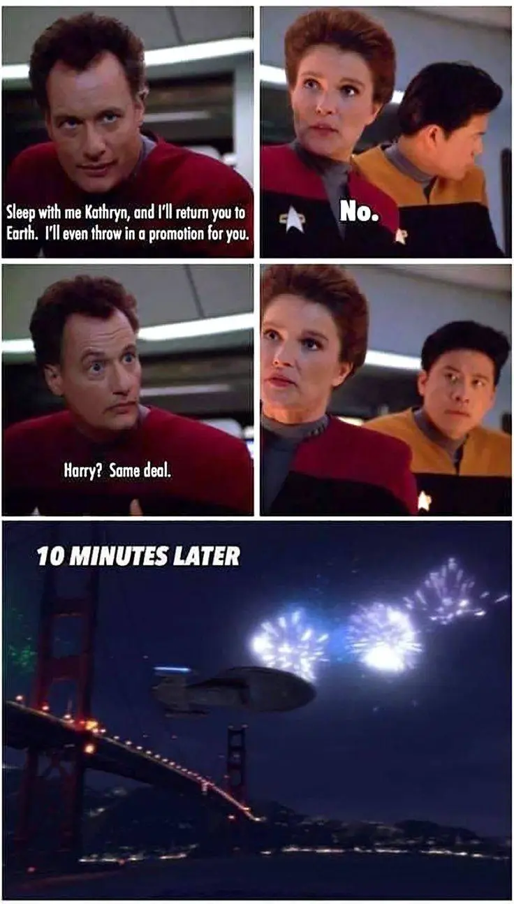 A five-panel meme from Star Trek: The Next Generation showing Captain Picard offering Kathryn Janeway a deal involving sex…