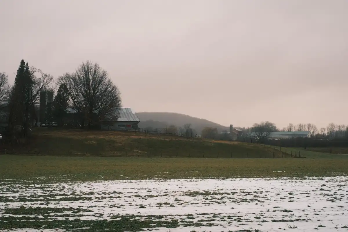 A rural landscape with a snowy field in the foreground, bare trees, and farm buildings including a silo and barns under an…