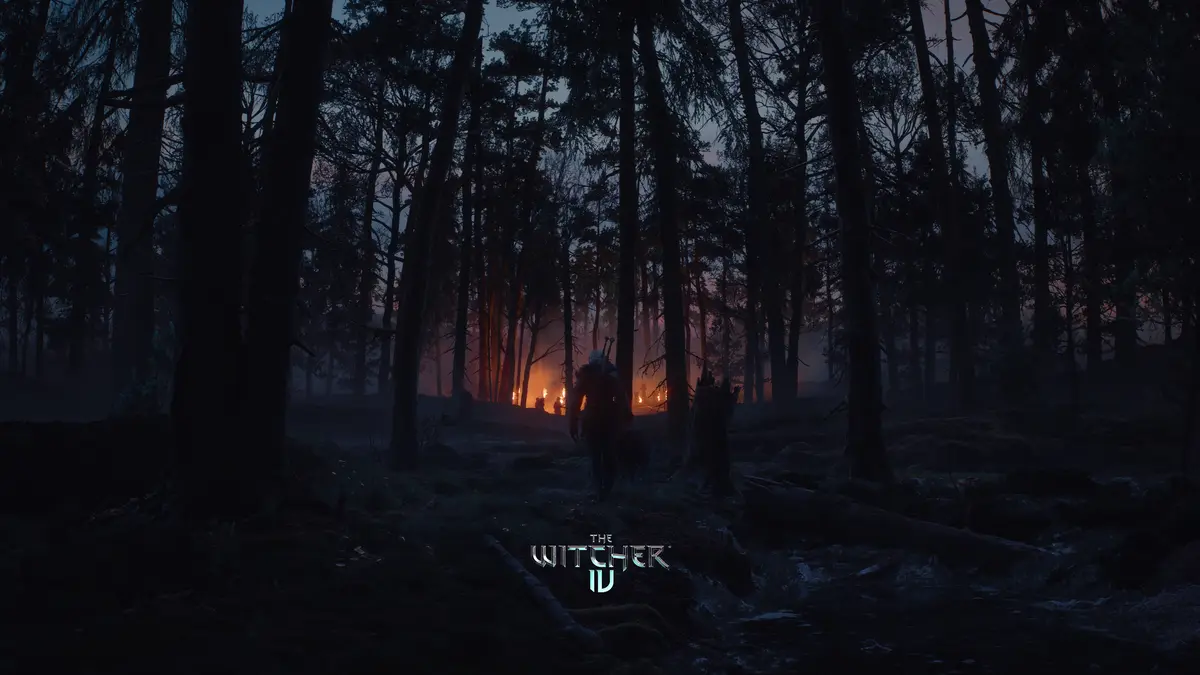 A dark, atmospheric forest scene from The Witcher IV, showing a lone figure in armor walking toward distant campfires…