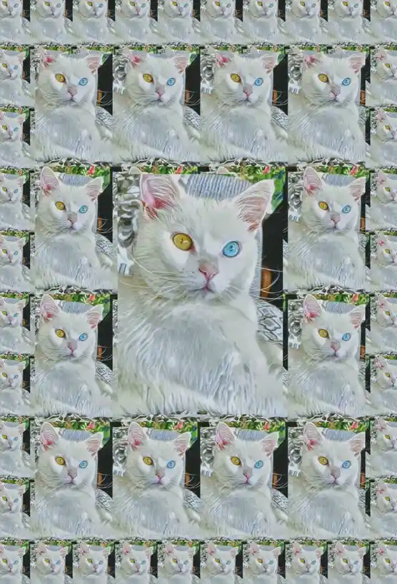 A grid of identical images of a white cat with heterochromia (one yellow eye, one blue eye) staring directly at the camera…