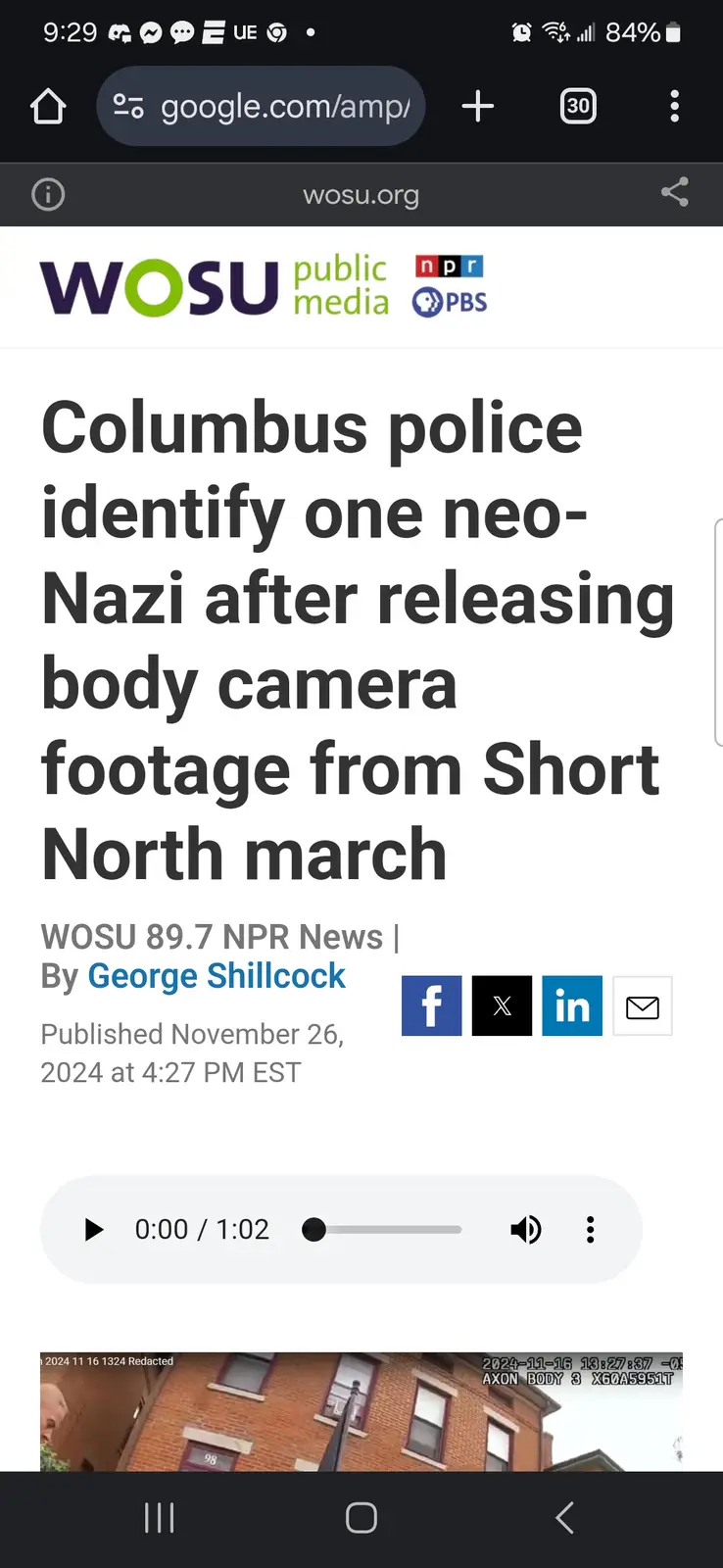 A screenshot of a WOSU public media news article headline about Columbus police identifying a neo-Nazi after releasing body…