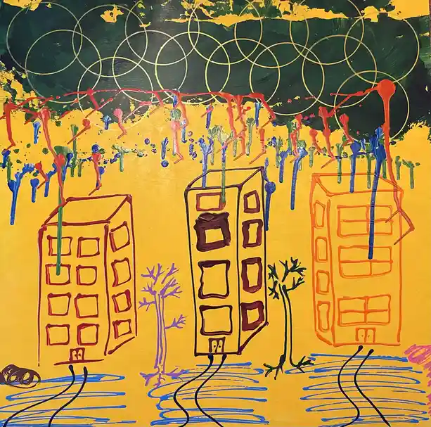 A colorful abstract painting depicts three stylized buildings with windows, standing in a yellow field with blue wavy lines…