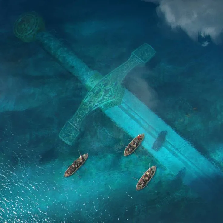 An aerial view shows three small boats floating near a massive, ornate sword embedded in the seabed under clear turquoise…