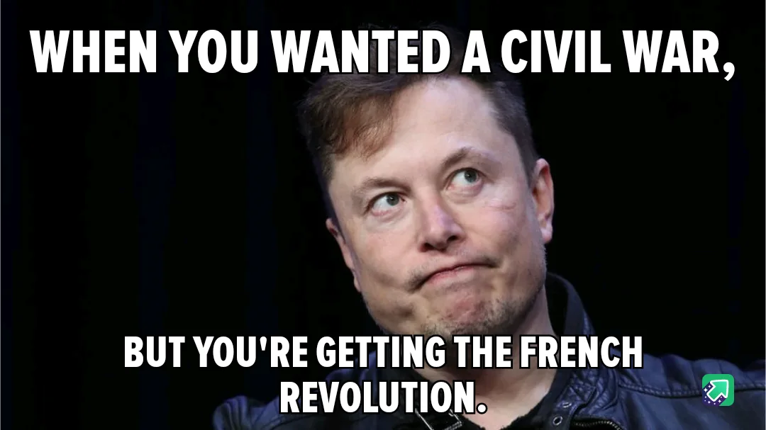 A close-up photo of Elon Musk looking sideways with a skeptical, slightly amused expression. White bold text overlays the…