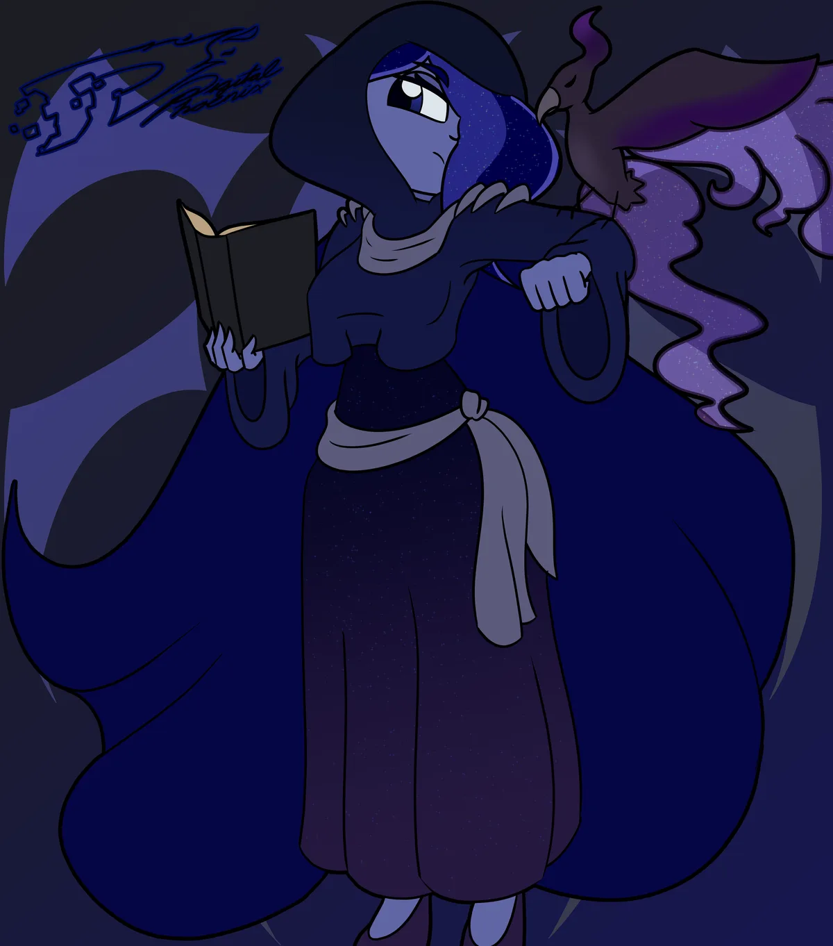 A cartoon witch with blue skin, a dark hooded robe, and starry patterns holds a book while looking annoyed. A small bird…
