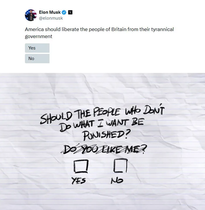The image displays a mock Twitter post attributed to Elon Musk, asking if America should liberate Britain from its…