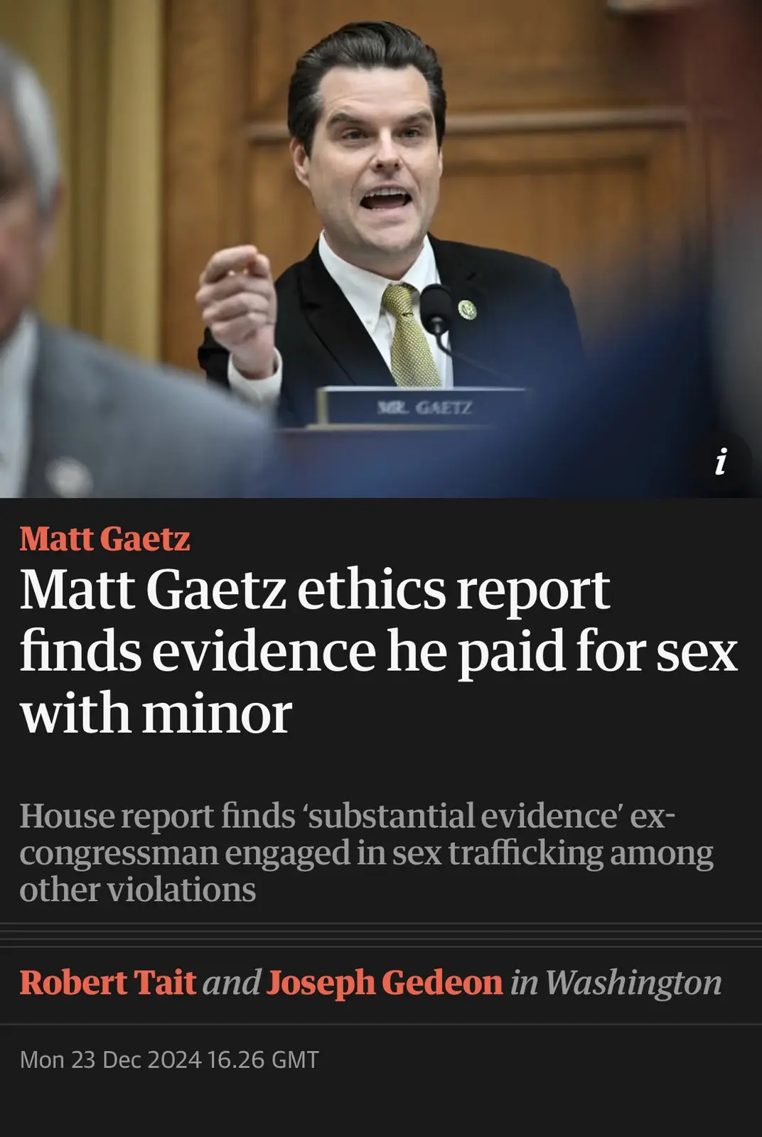 A news article headline overlays a photo of Matt Gaetz speaking passionately at a podium labeled 'MR. GAETZ'. The headline…