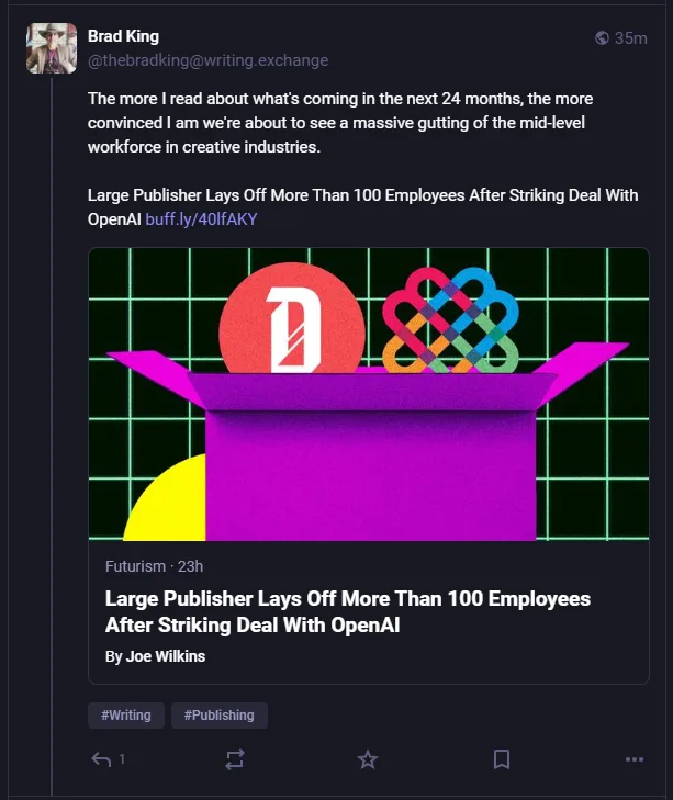 A screenshot of a tweet by Brad King discussing workforce cuts in creative industries, featuring a graphic of a purple box…