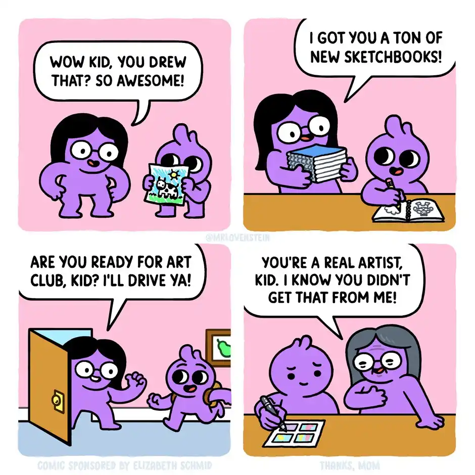 A four-panel comic shows a purple child artist being praised by their mother for a drawing, then gifted sketchbooks and…