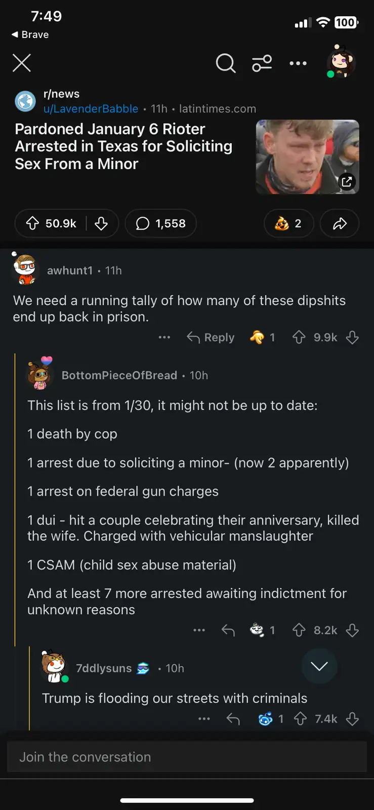 A screenshot of a Reddit post from r/news showing a comment thread discussing the legal consequences of January 6 rioters…