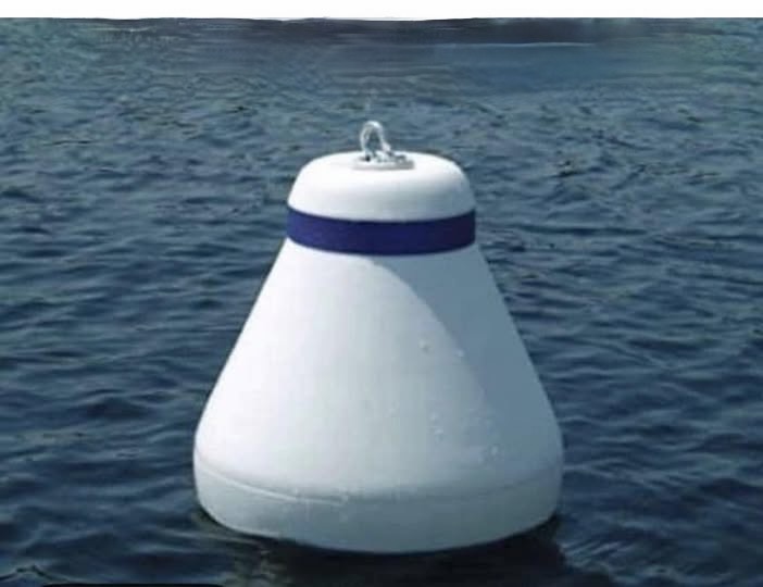 A white, cone-shaped buoy with a blue stripe floats on dark water. The overlaid text reads 'i'm not a buoy, i'm a buoyant…