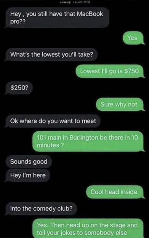 A screenshot of a text conversation where one person asks to buy a MacBook Pro, negotiates the price down to $250, and…