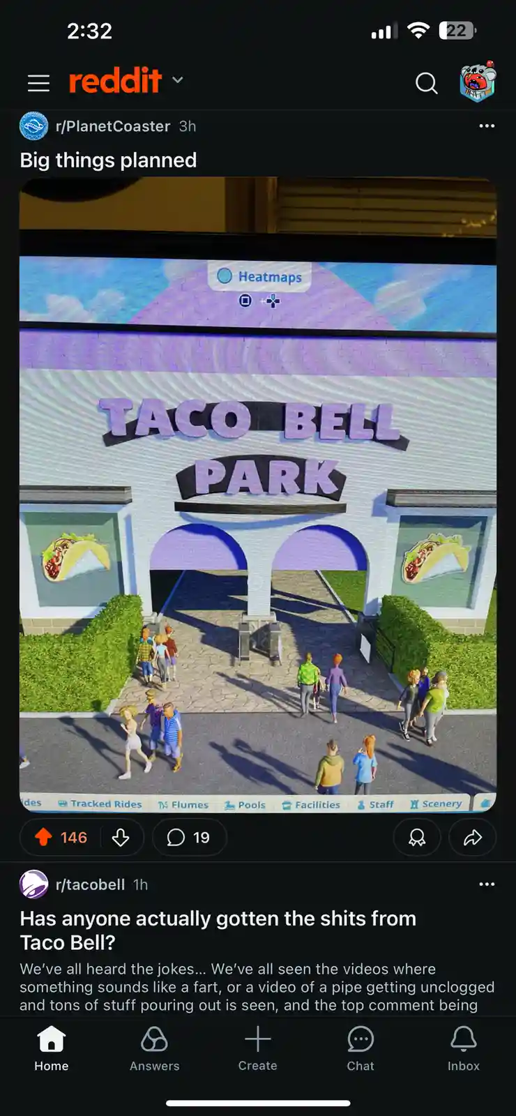 A screenshot from the game Planet Coaster shows a theme park entrance labeled 'TACO BELL PARK' with taco imagery, overlaid…