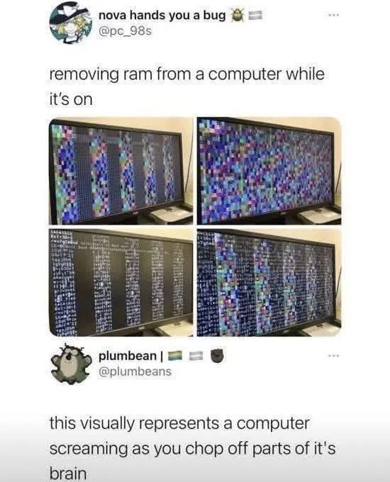 The image shows a four-panel grid of computer monitors displaying visual artifacts: two panels show colorful pixelated…