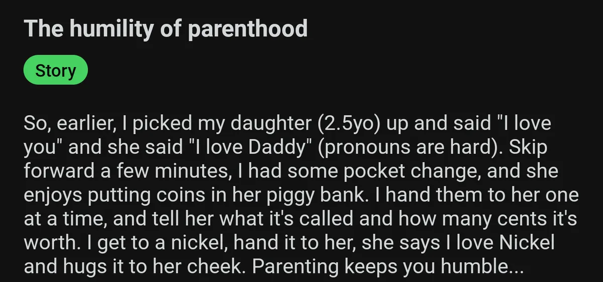 A black-background text post titled 'The humility of parenthood' under a green 'Story' button, detailing a parent's anecdote…