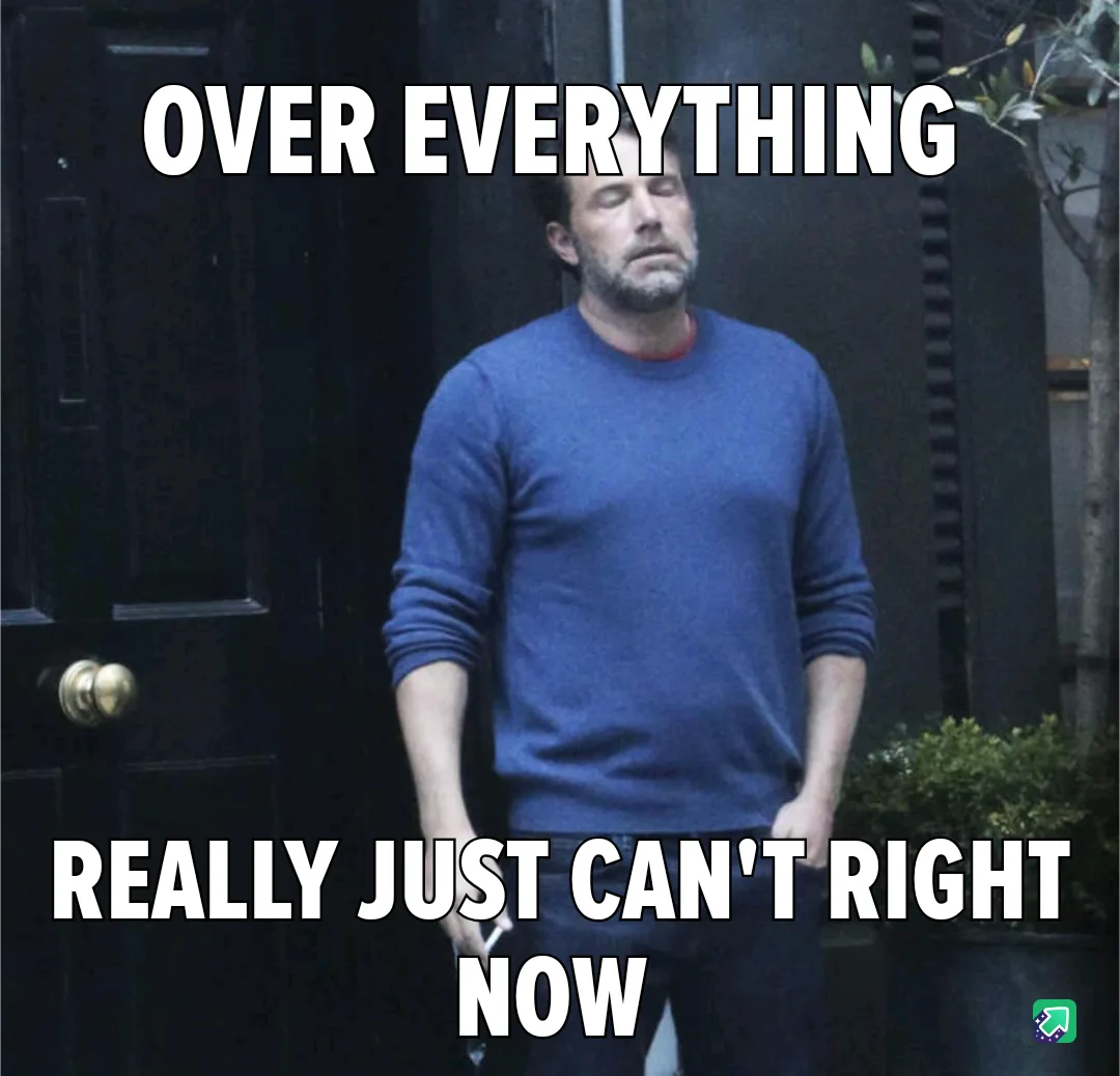 A man with a weary expression stands in front of a dark door, wearing a blue sweater. The text overlaid on the image reads…